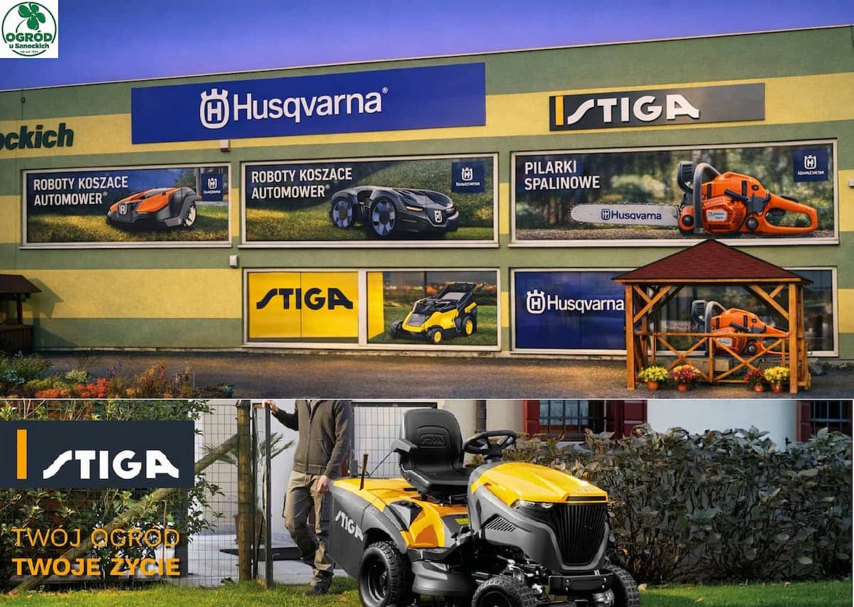 Ogród u Sanockich Gorlice – sklep ogrodniczy i autoryzowany salon Husqvarna i Stiga, widok budynku z ekspozycją sprzętu ogrodniczego.